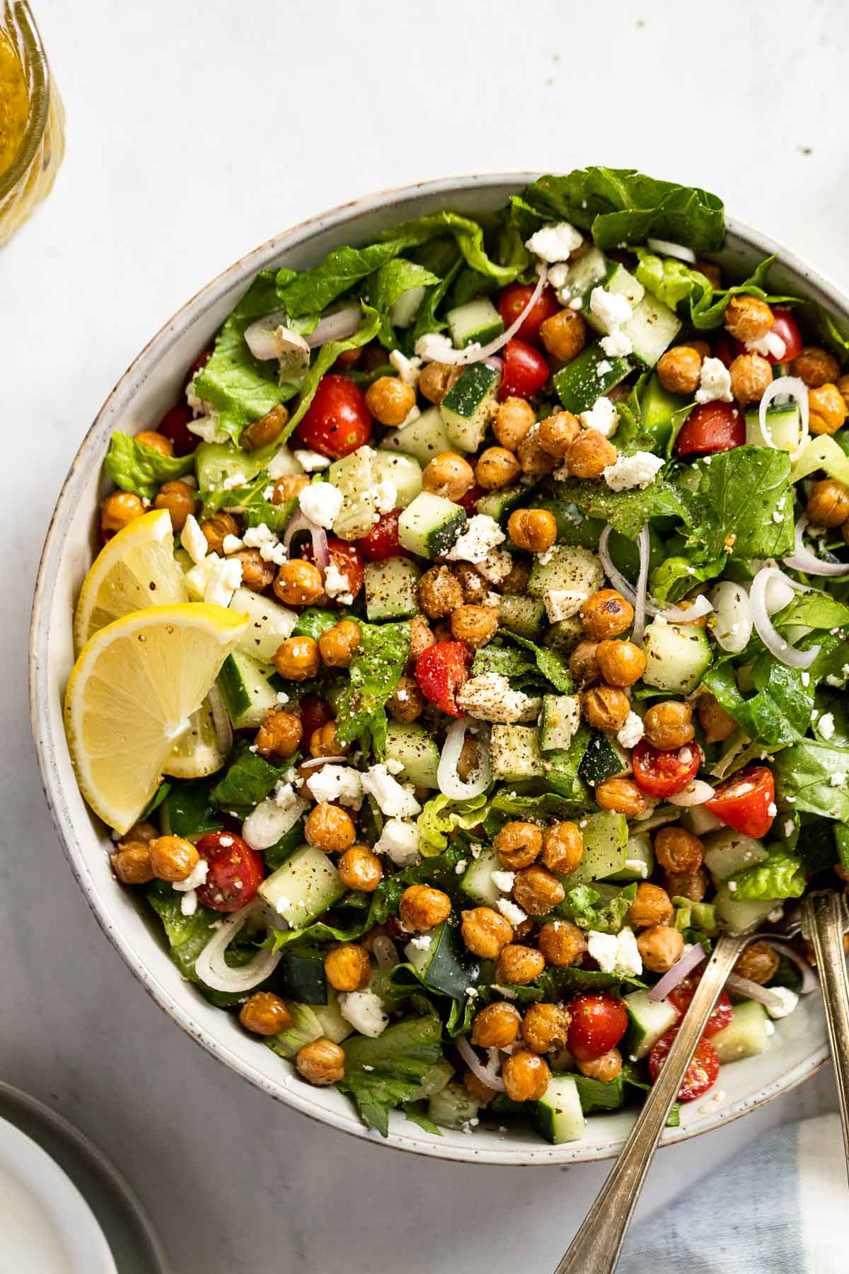 Roasted Chickpea Greek Salad with Lemon-Herb Dressing - Fork in the Kitchen