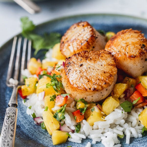 seared scallops on blue plate with pineapple salsa and coconut rice
