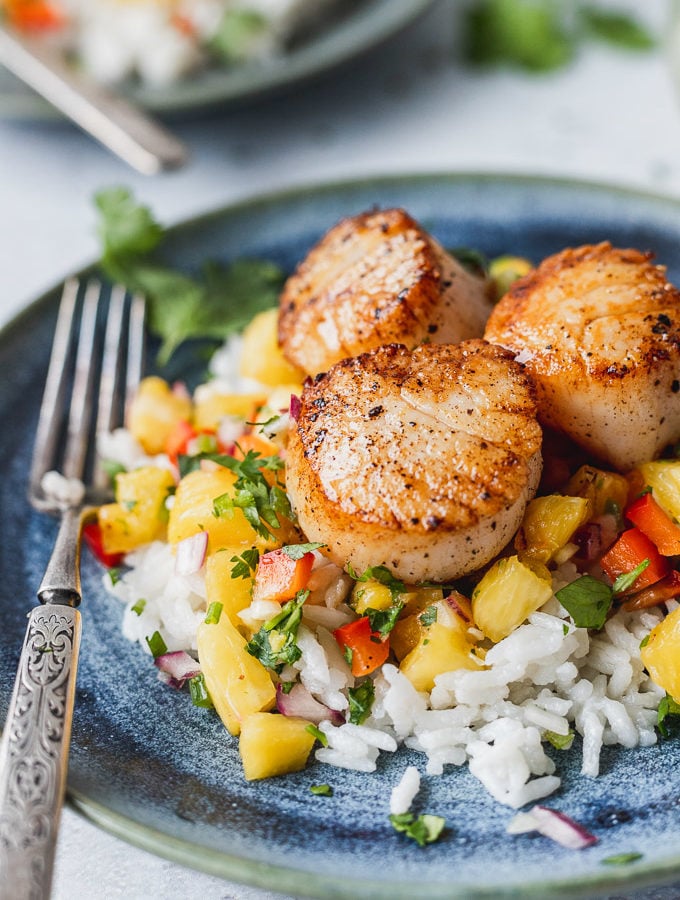 seared scallops on blue plate with pineapple salsa and coconut rice