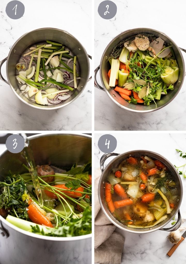 4 images of vegetables in stock pot and pouring water.