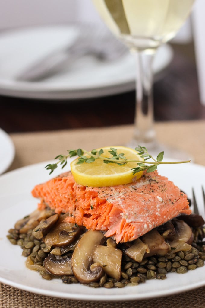 Salmon with Caramelized Mushrooms and Lentils