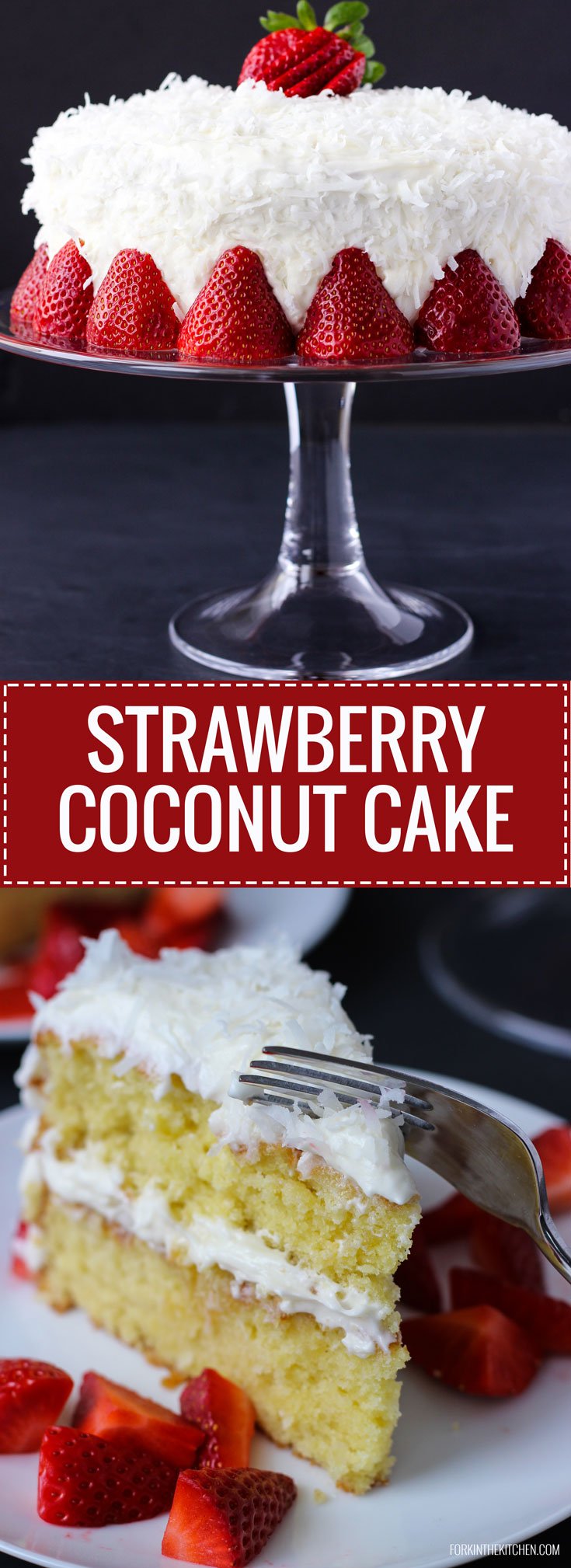 Strawberry Coconut Cake - moist, light, coconut cake with creamy frosting and a sweet strawberry sauce.