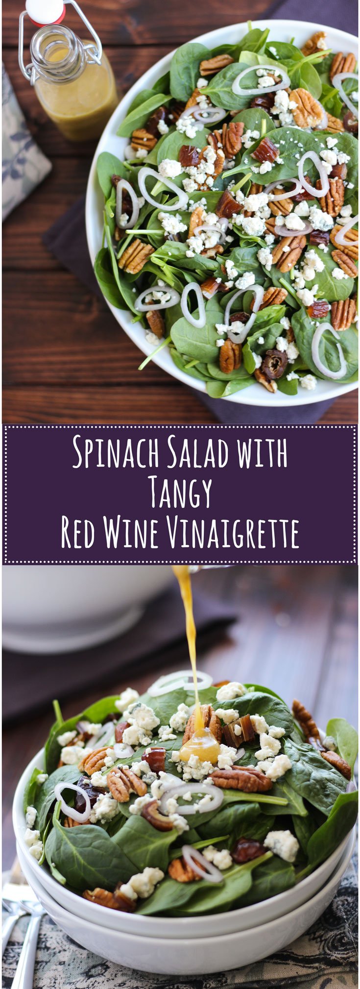 Spinach Salad with Tangy Red Wine Vinaigrette makes healthy delicious - pecans, blue cheese, shallots, and sweet dates tossed with spinach and a tangy, red wine vinegar, and mustard dressing. 