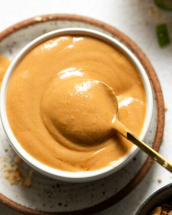 Bowl of peanut sauce with spoon.