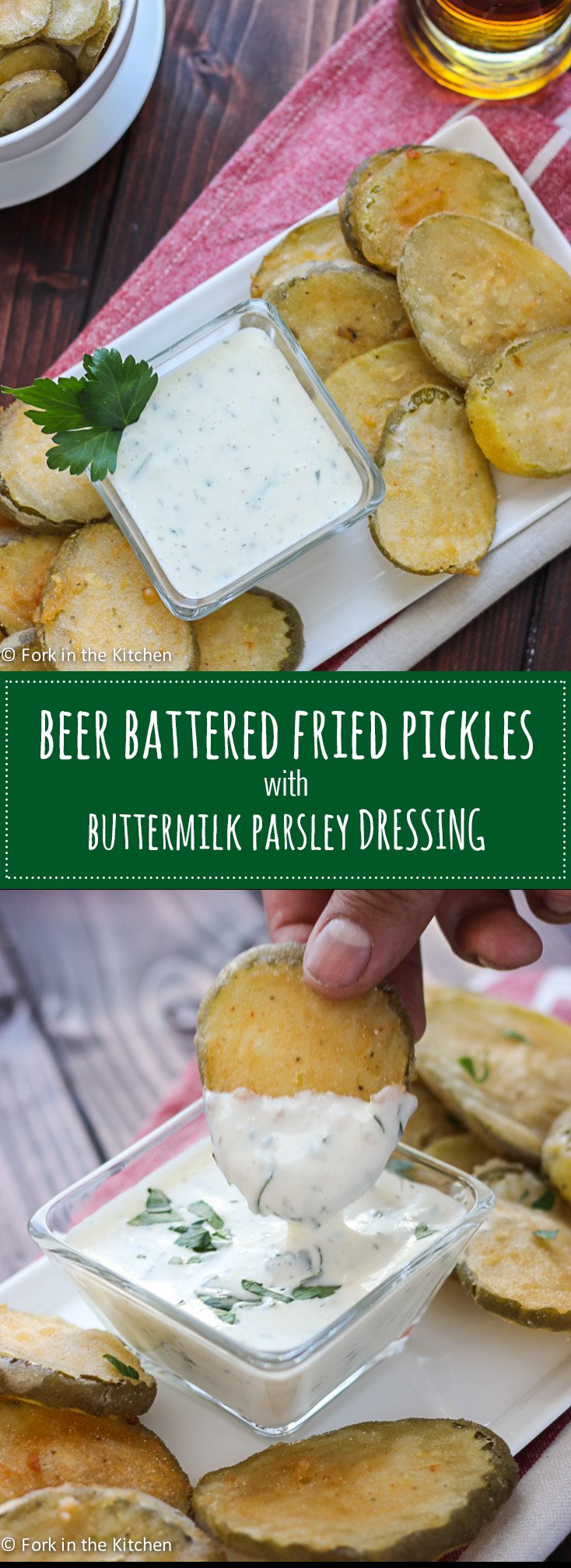Beer Battered Fried Pickles - crunchy, salty, dill pickles dipped in a light, crisp beer batter coating and fried to perfection. Serve them with a buttermilk parsley dressing for a tasty snack! // Fork in the Kitchen
