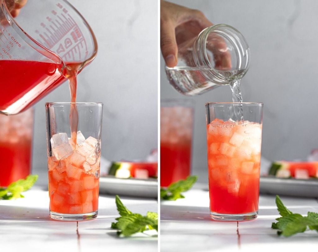 Pouring juice and club soda into glass for cocktail.