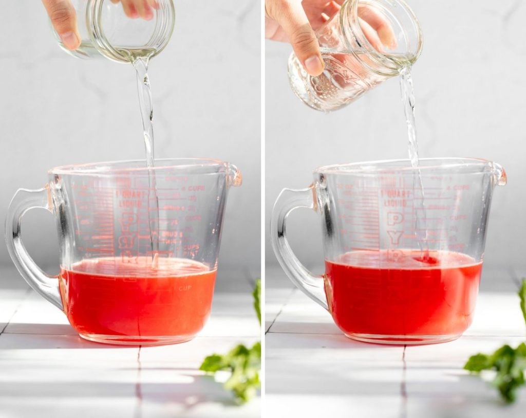 Pouring simple syrup and vodka into watermelon juice.