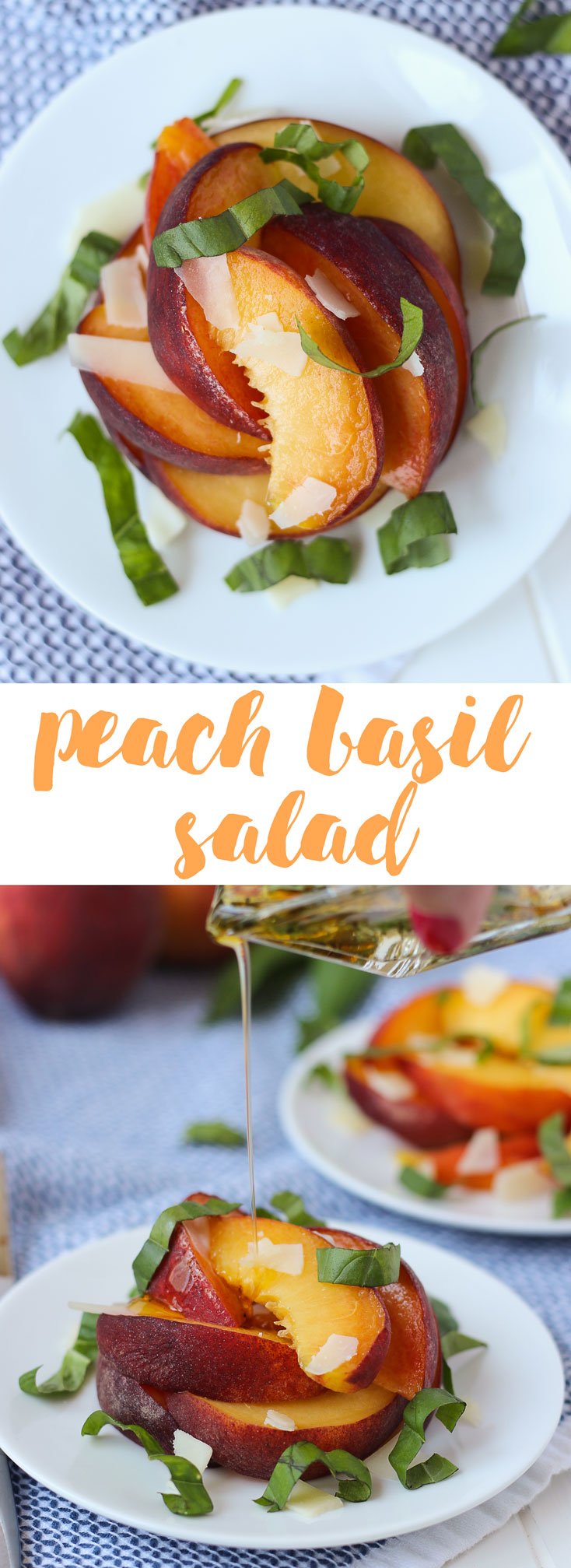 Peach Basil Salad is bursting with fresh summer flavors - ripe, juicy peaches paired with fruity and earthy gruyere cheese and fragrant basil leaves, tossed in a chipotle and peach dressing.