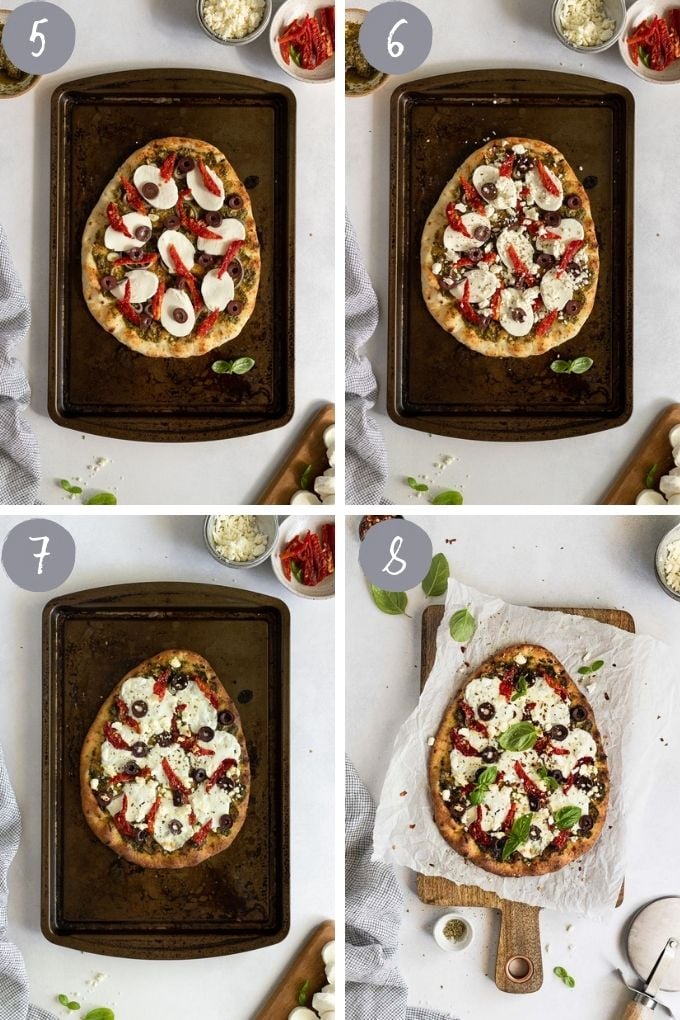 4 images layering on toppings on flatbread.