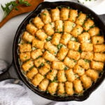 cooked hotdish in skillet.