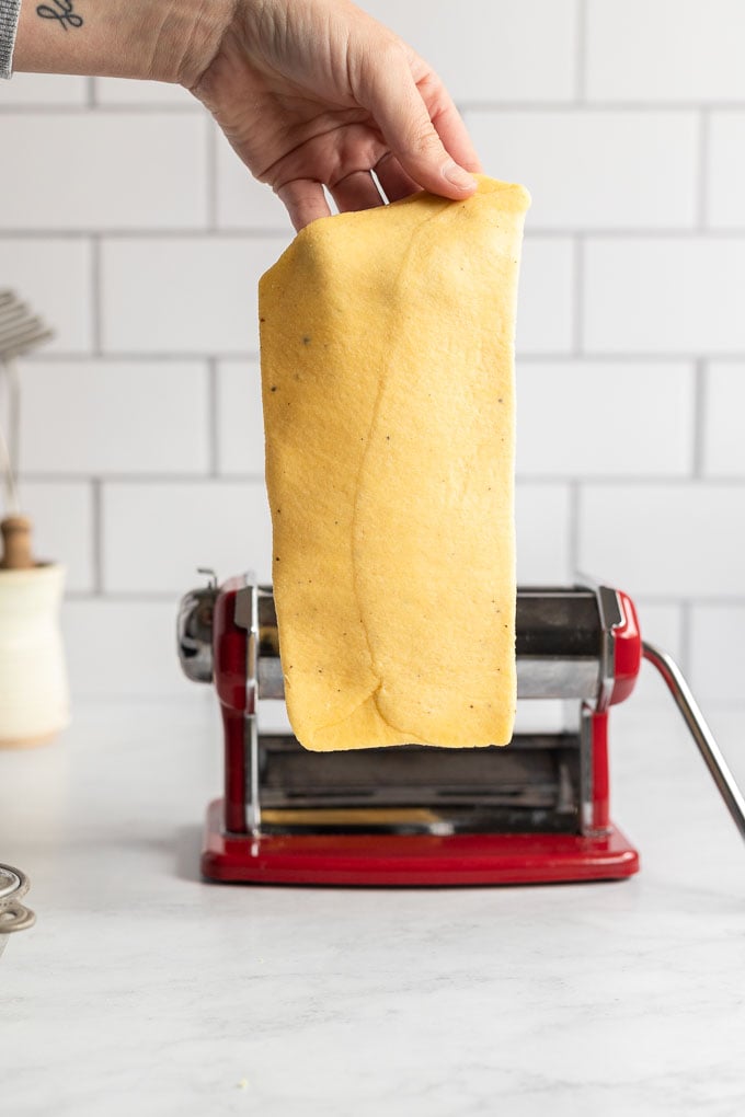 Sheet of pasta dough in front of machine.