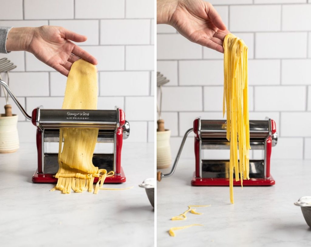 Rolling dough and cutting fettuccine noodles.