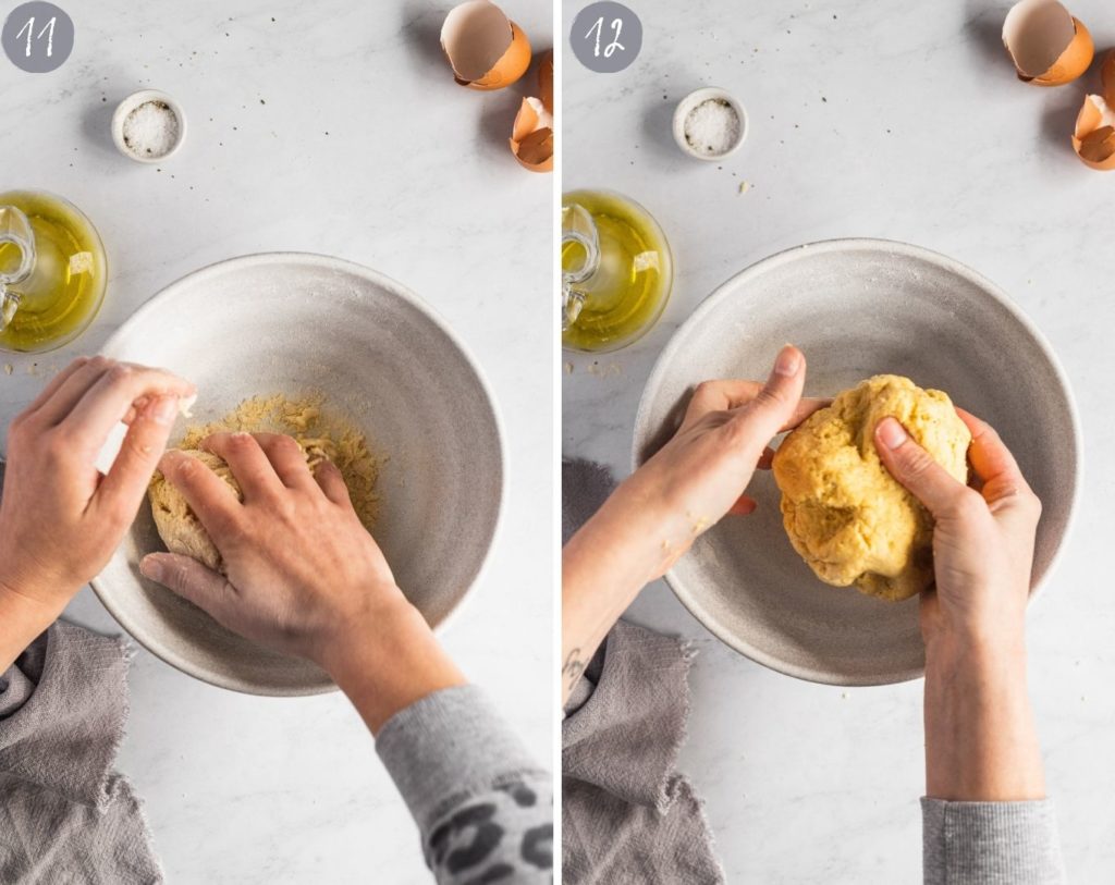 Hands kneading pasta dough.