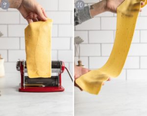 Pasta sheet after thickest setting vs pasta sheet after it's rolled out all the way.