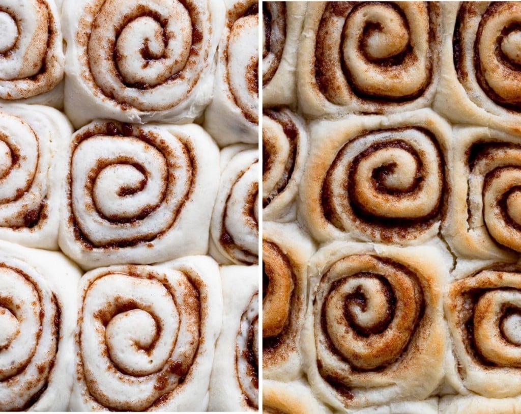 Two images: before and after baking cinnamon rolls.