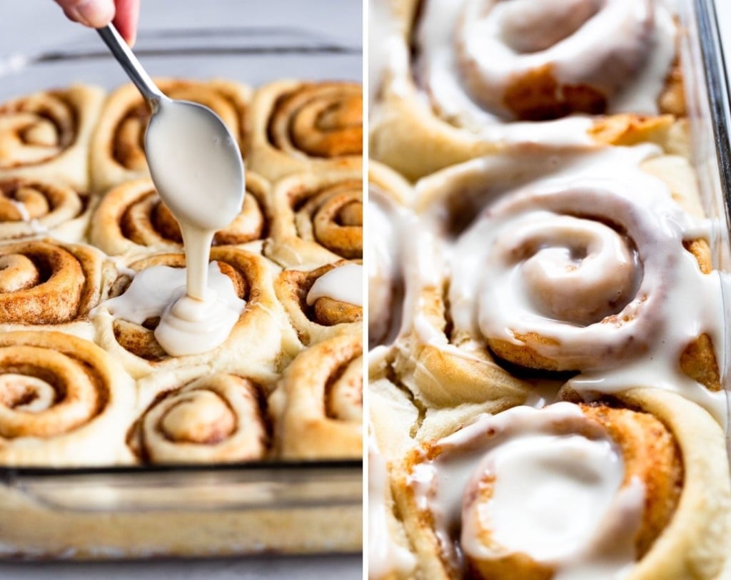 Two images: icing cinnamon rolls during and after.