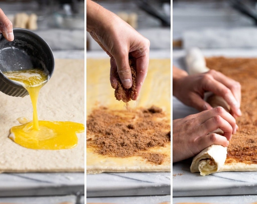 3 Images: butter, cinnamon sugar, and rolling dough.
