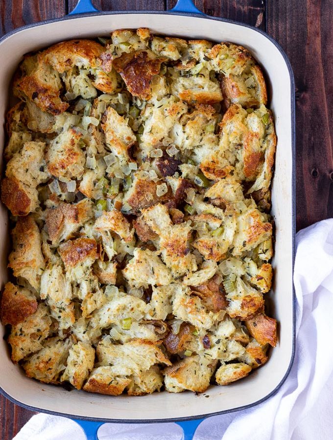 Overhead view of baking dish with vegetarian stuffing.