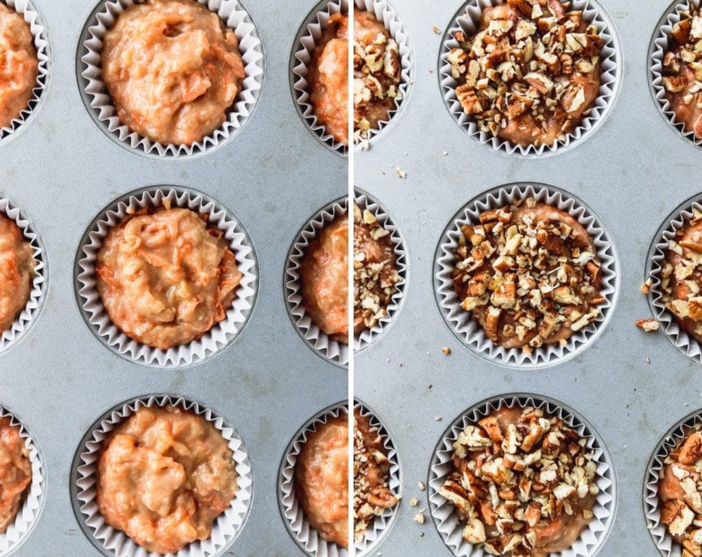 Side by side photos of muffin batter with and without pecans on top.