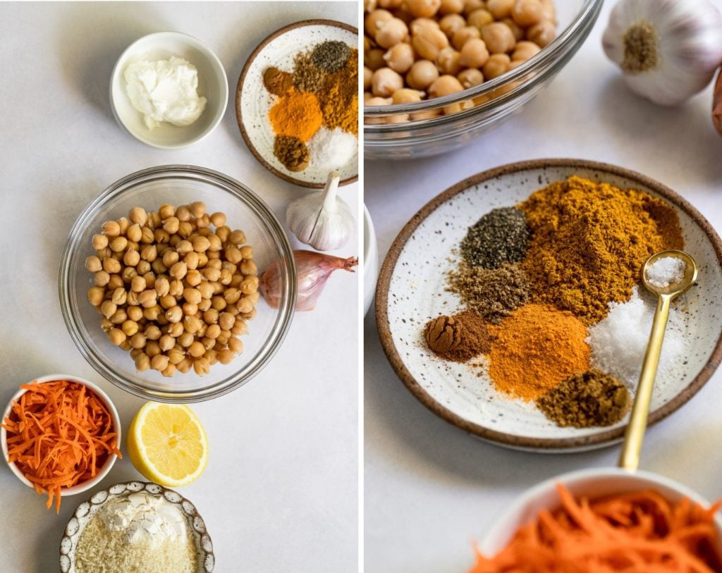 Two images of ingredients in bowls and close up of plate of spices.