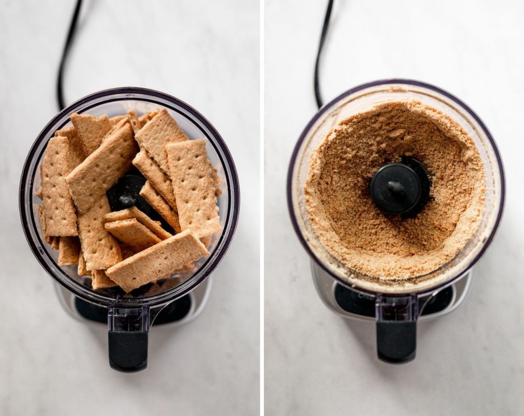 Graham crackers before and after in the food processor.