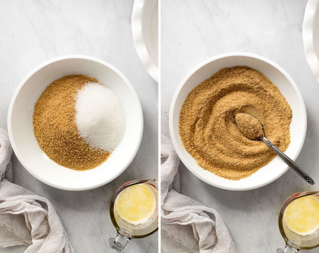 Before and after combining graham cracker crumbs and sugar.
