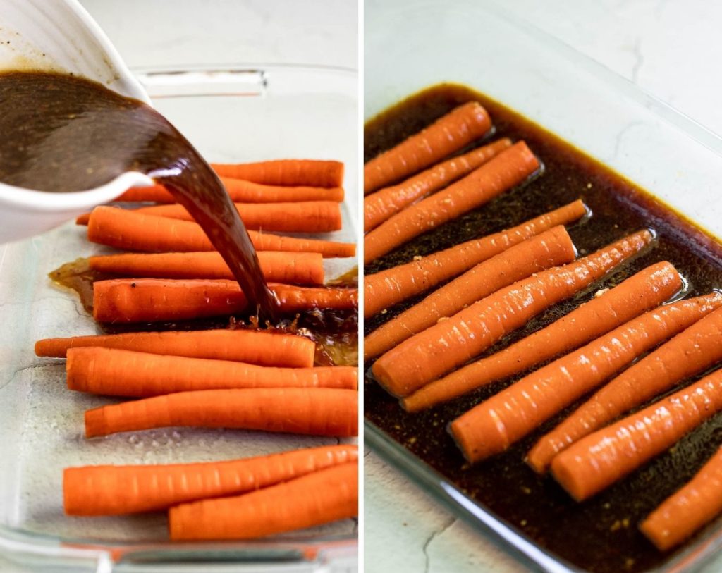 Two images: pouring marinade onto carrots and them in a dish.