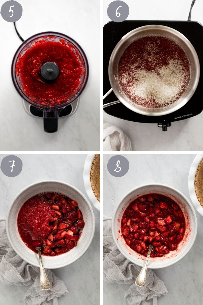 4 images mixing strawberry pie filling in bowl and food processor.