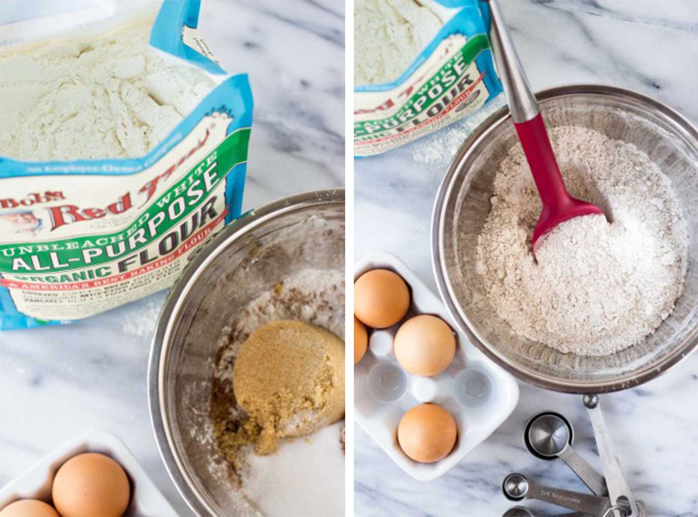 Two images: bag of flour, mixing bowl of dry ingredients, and eggs.