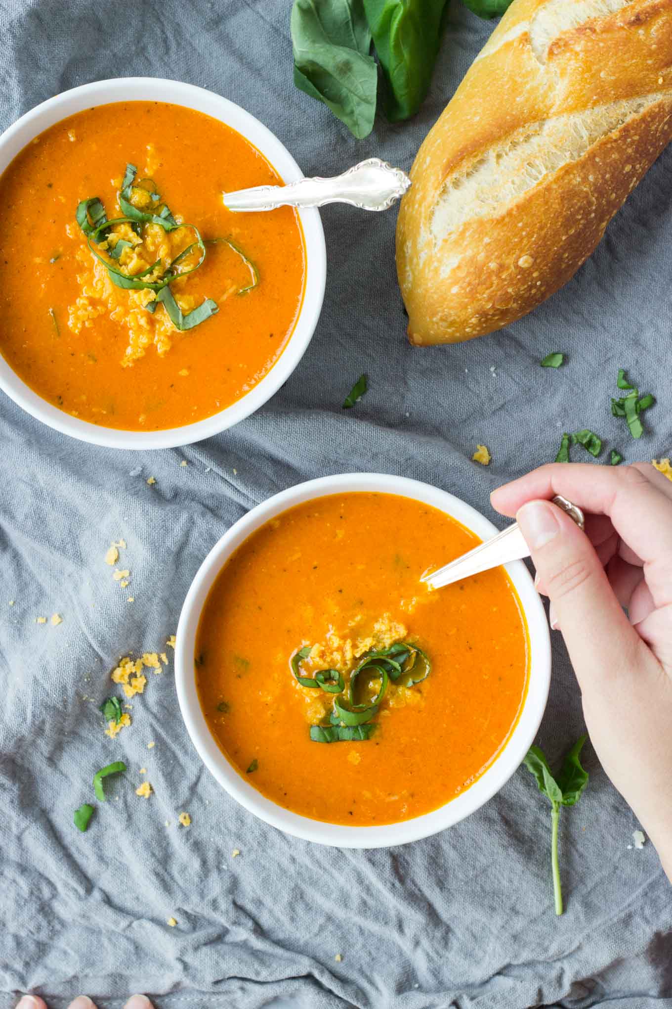 Roasted Tomato Carrot and Ginger Soup | A healthy, comforting soup full or rich flavor! It's gluten-free, dairy-free, and vegan! And goes perfectly with a crusty baguette. | Fork in the Kitchen
