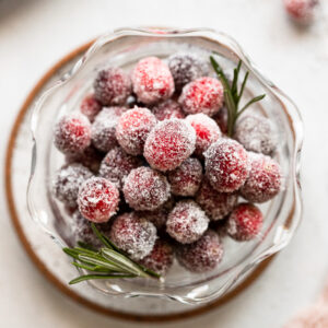 Sugar coated cranberries in bowl.