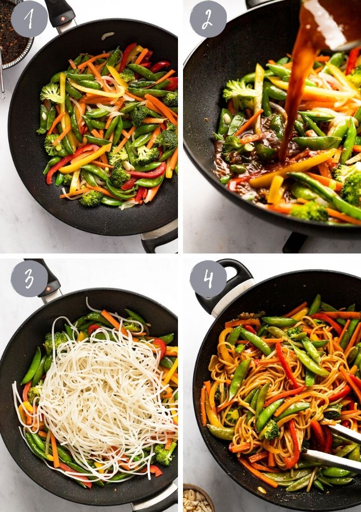 4 images making noodle stir fry in wok.