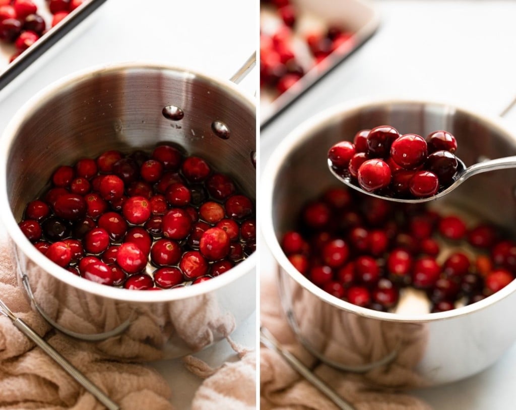 Cranberries in saucepan.