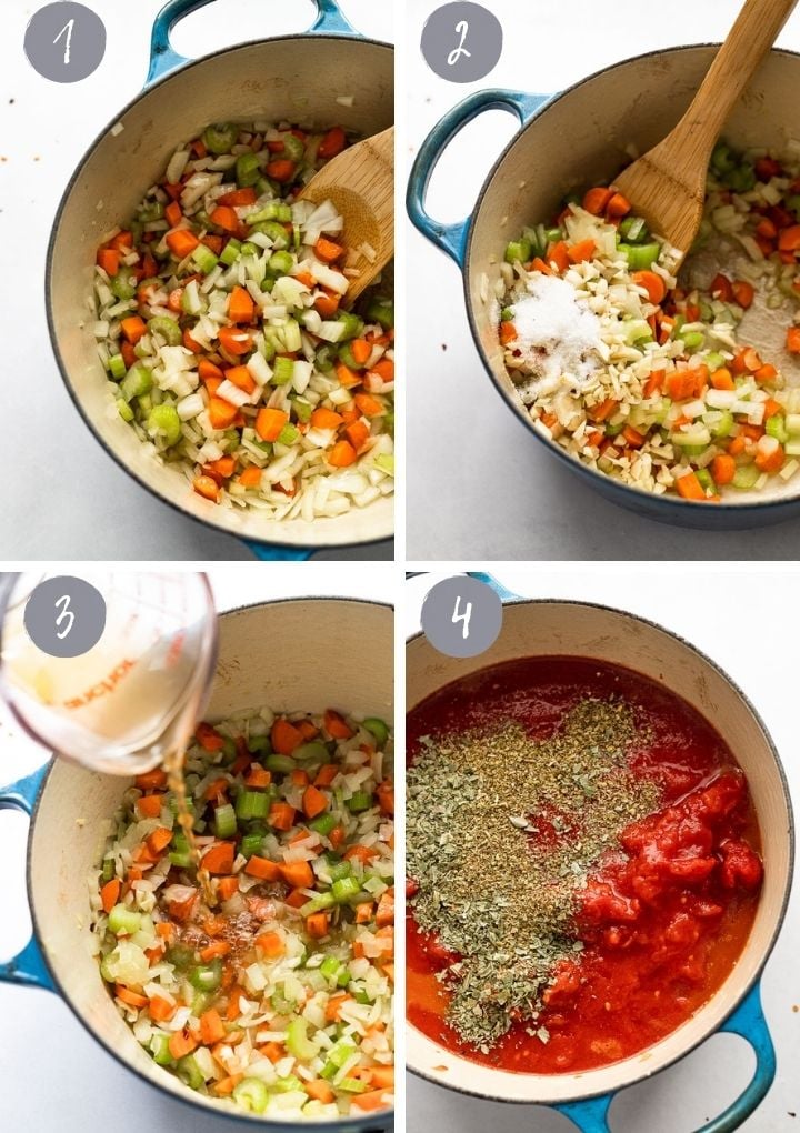 4 images mirepoix in dutch oven and pouring in liquid.