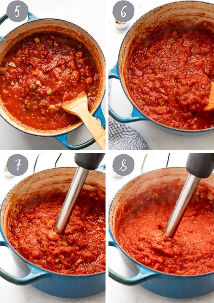 4 images simmering tomato sauce.