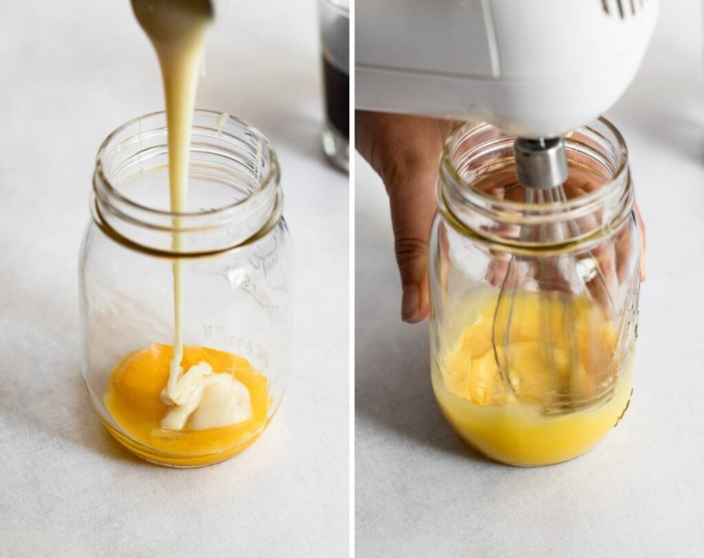 Two images: egg yolks and condensed milk in jar and whisking.