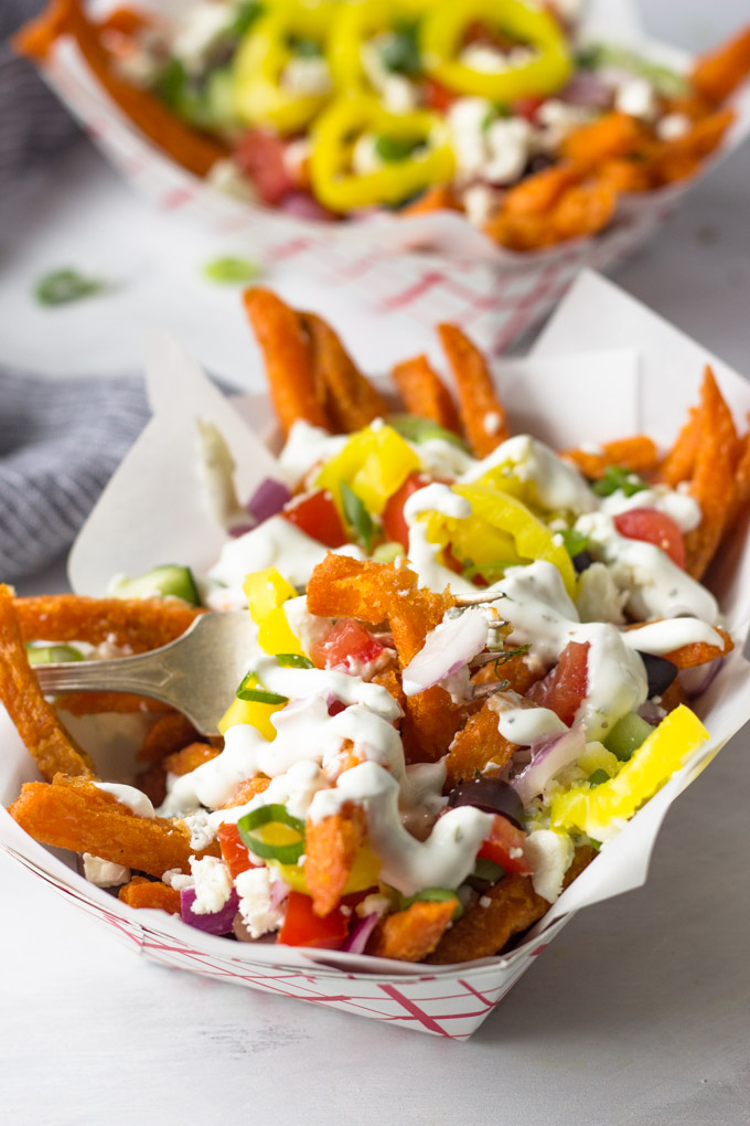 Loaded Greek Sweet Potato Fries - full of flavor, ready for the next big party or weeknight dinner! | Fork in the Kitchen