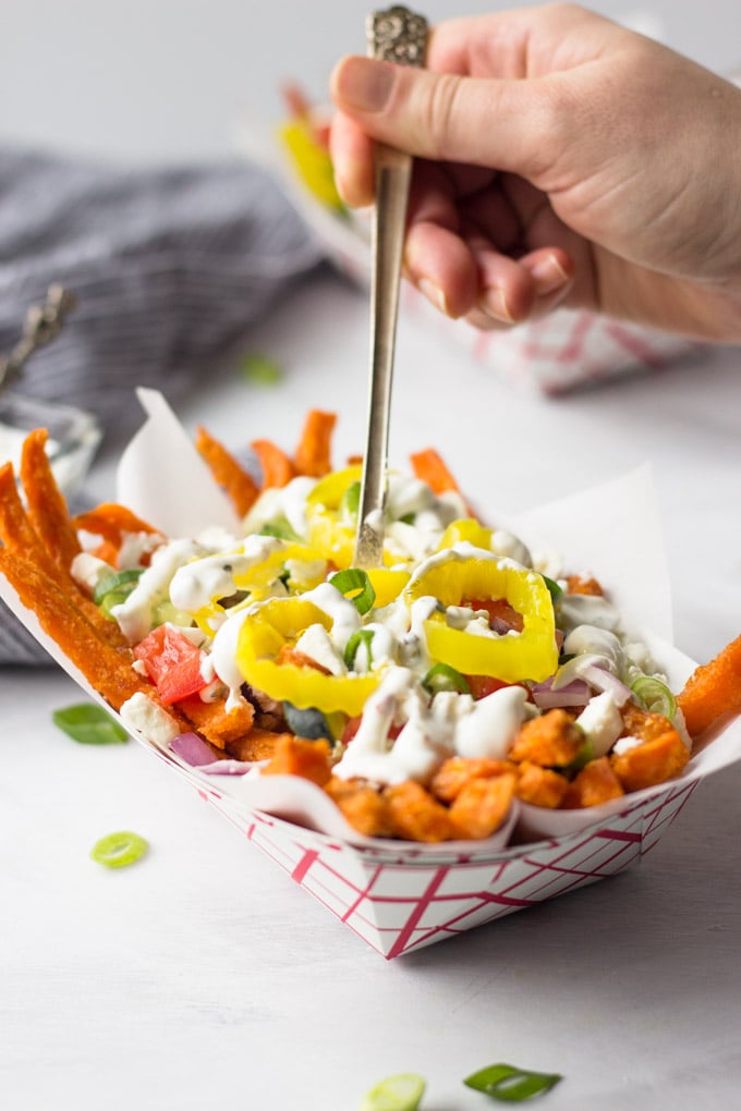 Loaded Greek Sweet Potato Fries - full of flavor, ready for the next big party or weeknight dinner! | Fork in the Kitchen