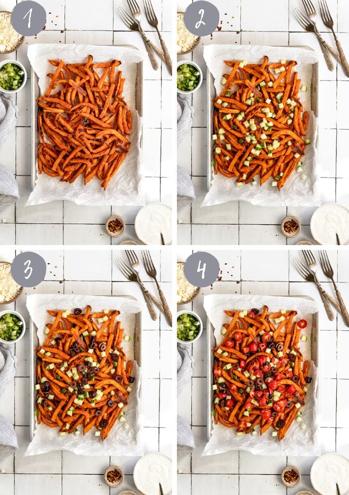 4 Images: assembling tray of loaded sweet potato fries.