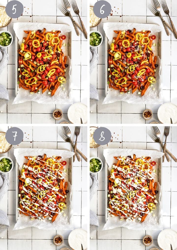 4 Images: assembling tray of loaded sweet potato fries.