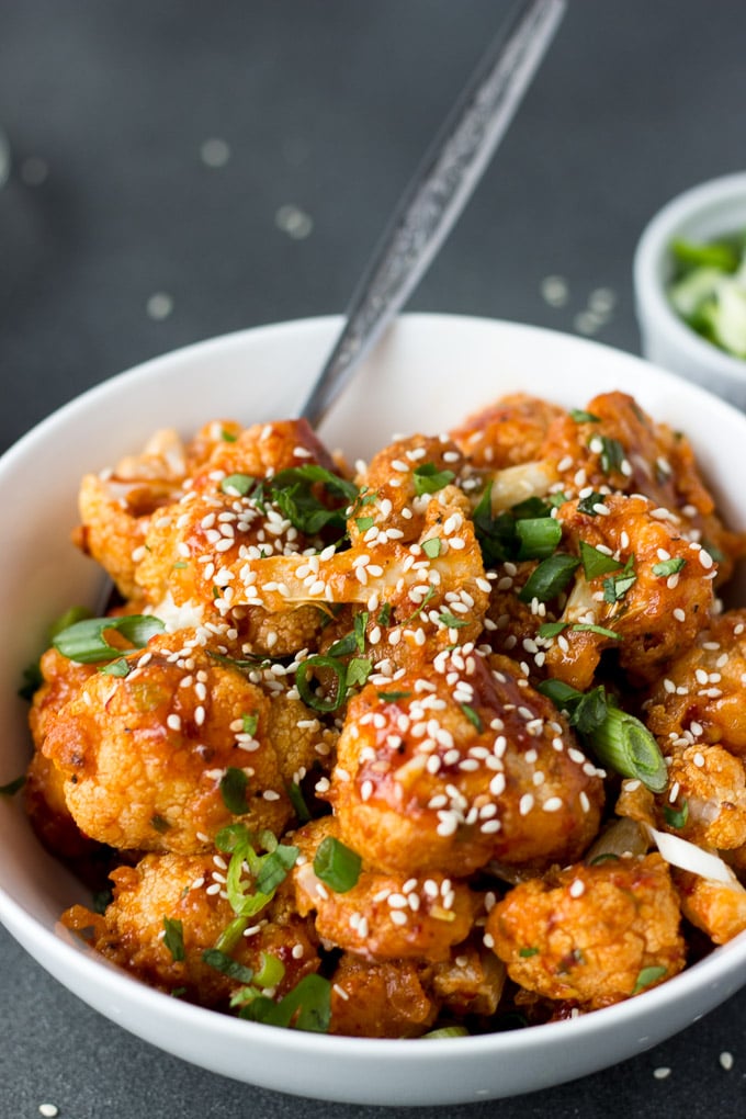 Crispy Chili Cauliflower - a flavorful dinner when served with rice, or the perfect spicy side dish! | Fork in the Kitchen