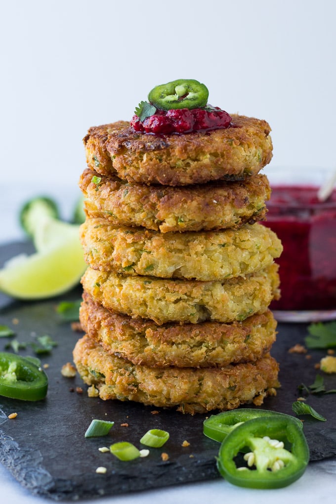 Chickpea Fritters with Jalapeño Raspberry Sauce - nutritious chickpea fritters served with a sweet, spicy kick raspberry sauce! Excellent as an appetizer or for dinner! | Fork in the Kitchen