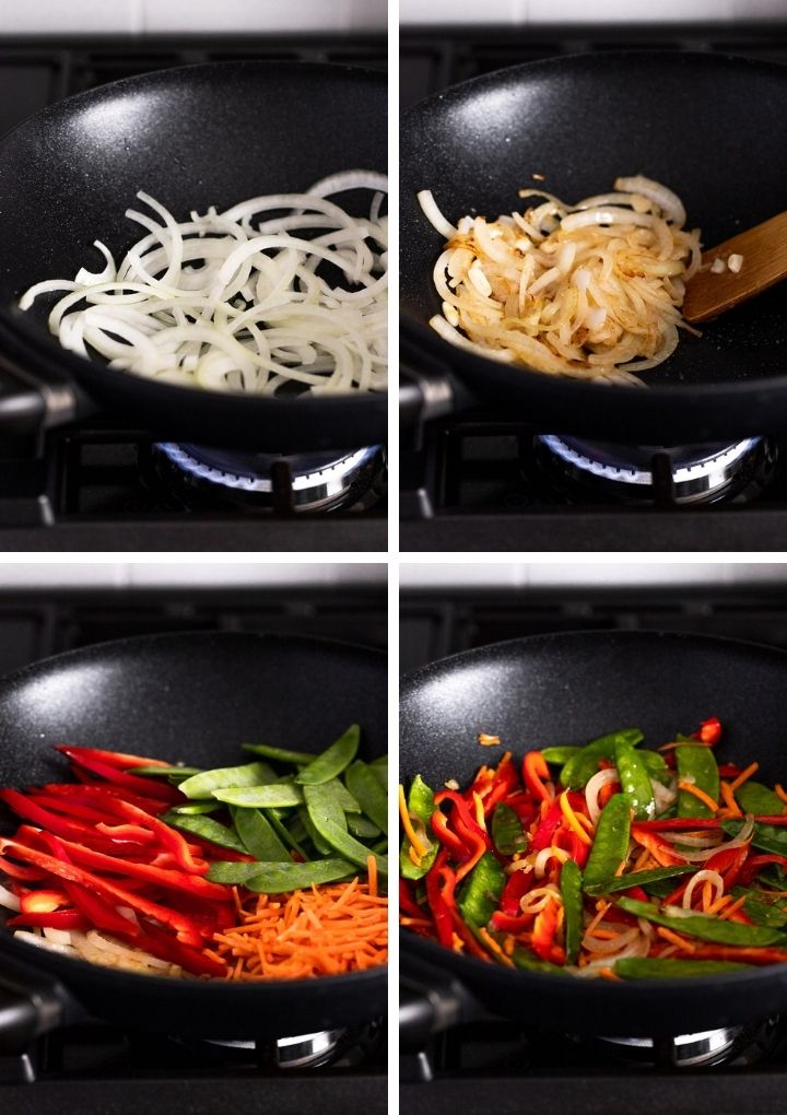 4 Images cooking vegetables for lo mein.