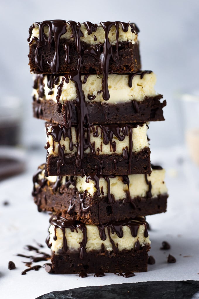 Baileys Cheesecake Brownies with Espresso Ganache - A fudgey mocha brownie, topped with a rich, luxurious cheesecake layer, and drizzled with an espresso ganache! An indulgent dessert perfect for St. Patrick's Day, or a get-together! | Fork in the Kitchen