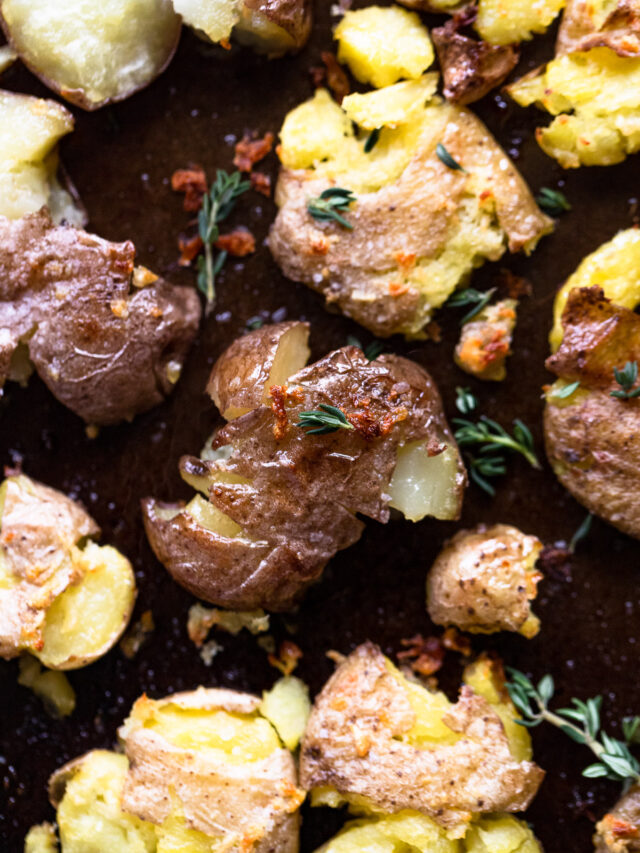 smashed potatoes on pan by each other
