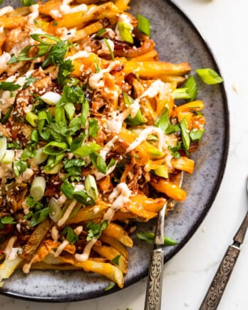 Up close plate of kimchi fries with fork.