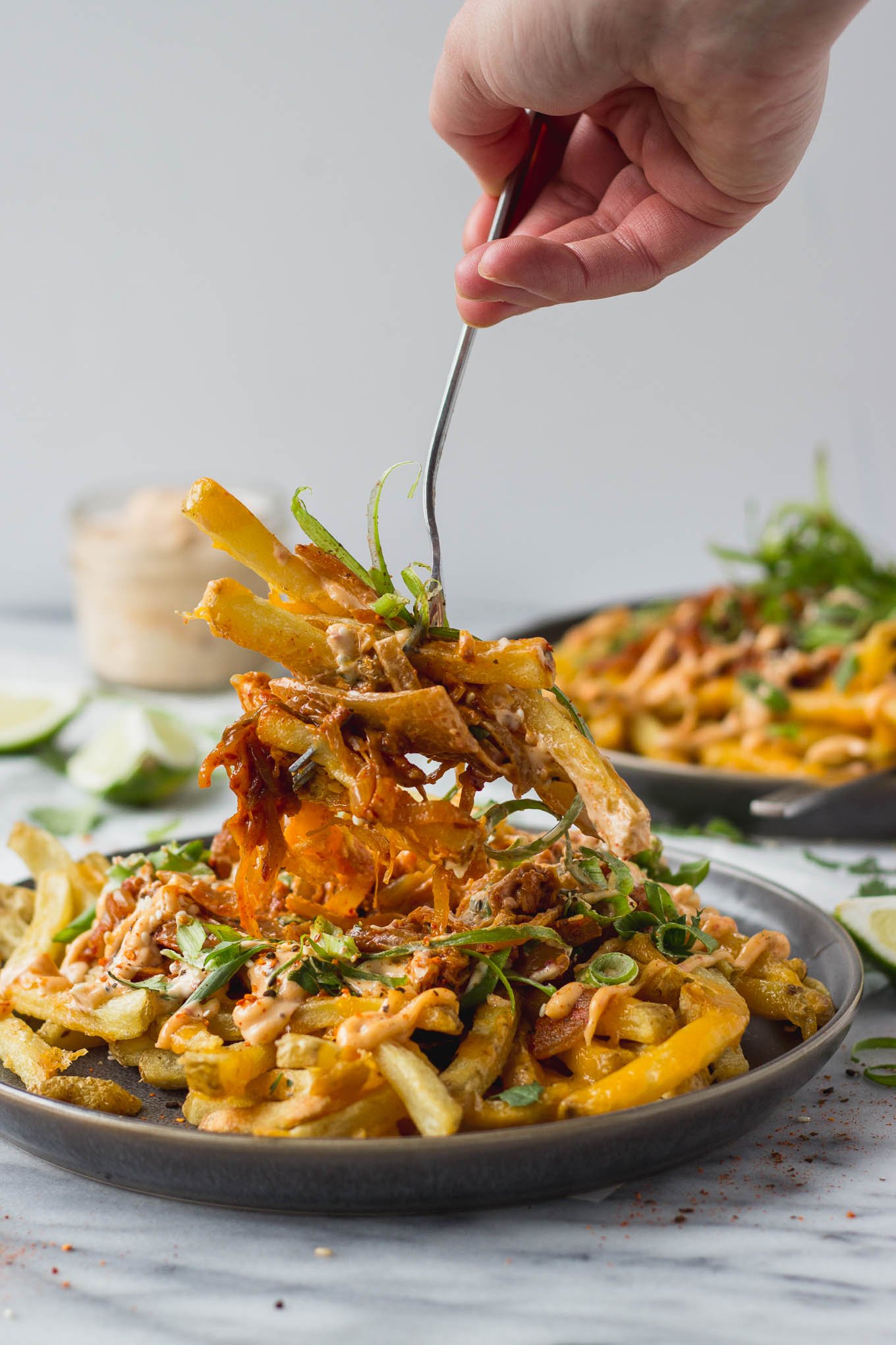 Loaded Kimchi Fries - crispy cheese fries, spicy, and full of flavor, an excellent appetizer or side! | Fork in the Kitchen