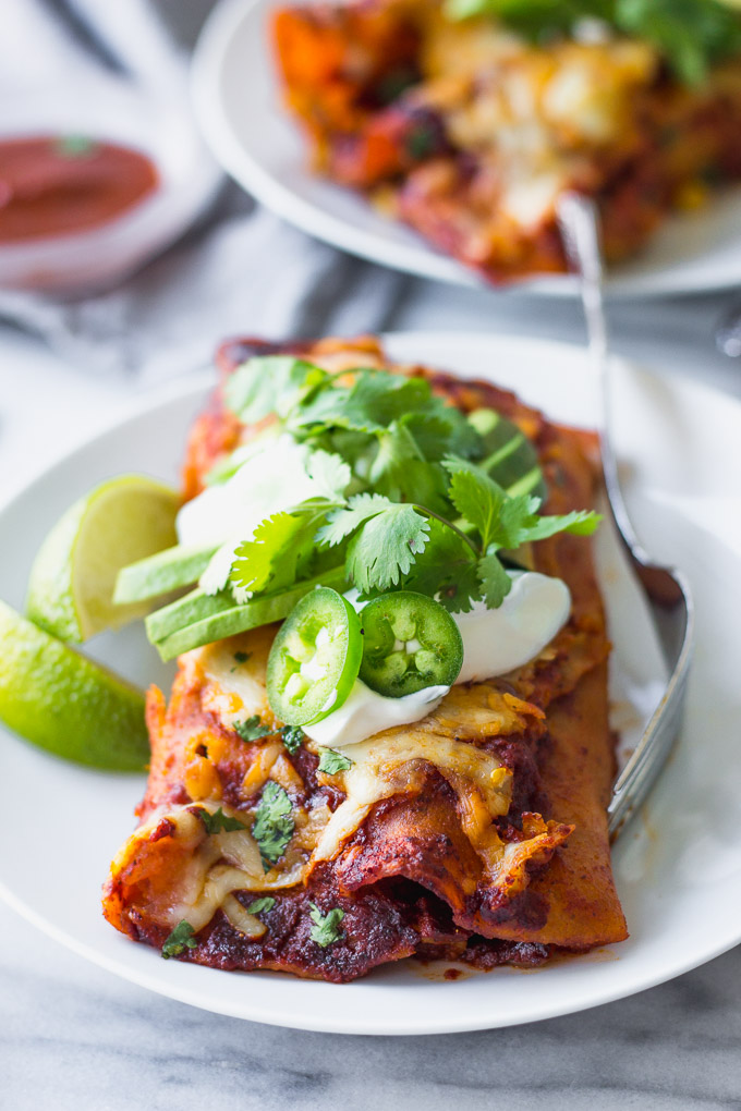 Double Bean and Corn Enchiladas - a flavorful vegetarian Mexican dinner with homemade enchilada sauce! | Fork in the Kitchen