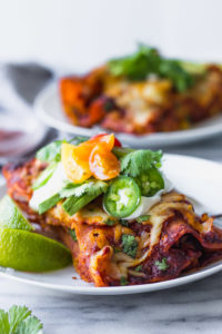 Double Bean and Corn Enchiladas - a flavorful vegetarian Mexican dinner with homemade enchilada sauce! | Fork in the Kitchen