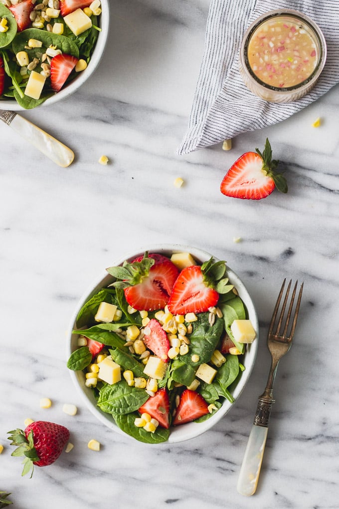 Farmer's Market Strawberry Corn Salad - an easy, simple salad with fresh summer flavors! | Fork in the Kitchen